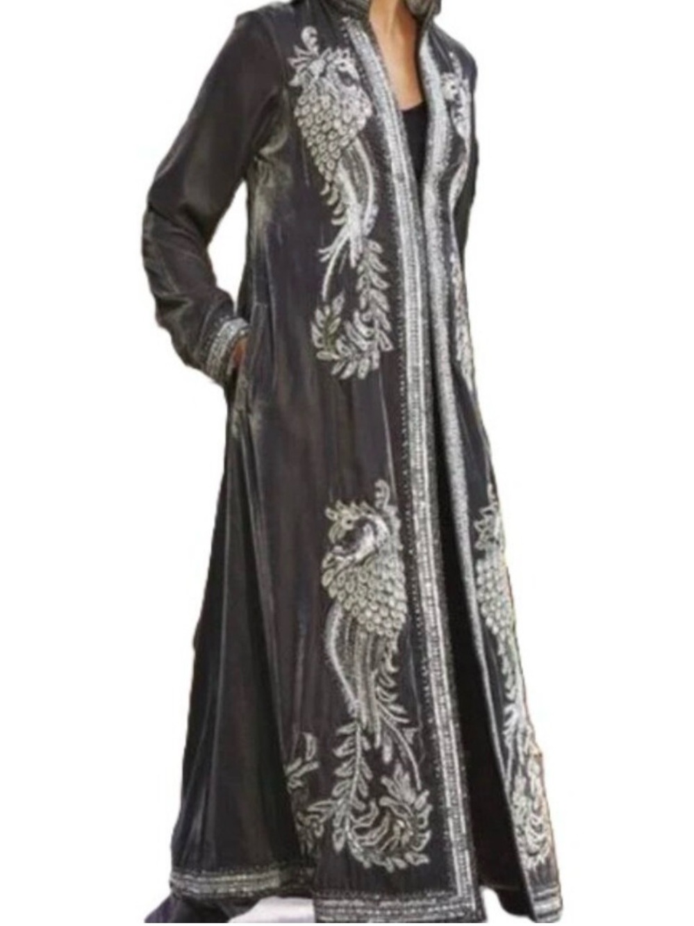 Plus 3X Soft Surroundings Grey Embroidered Long Robe with Silver & White Detail
